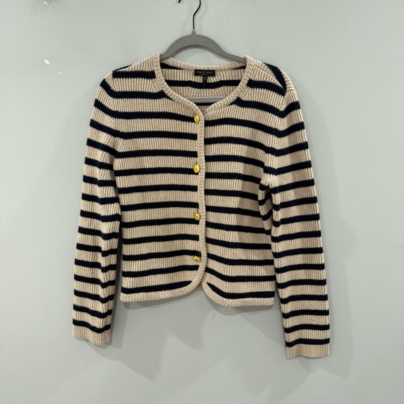Rag & Bone Sweater Nancy Cardigan Wool-Blend in Oatmeal Navy Striped - Picture 7 of 11